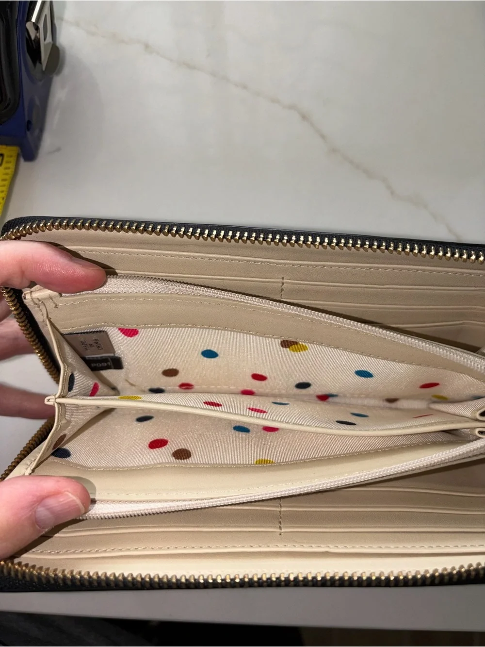 Kate Spade Madison black full zip wallet gold accents polka dot lining